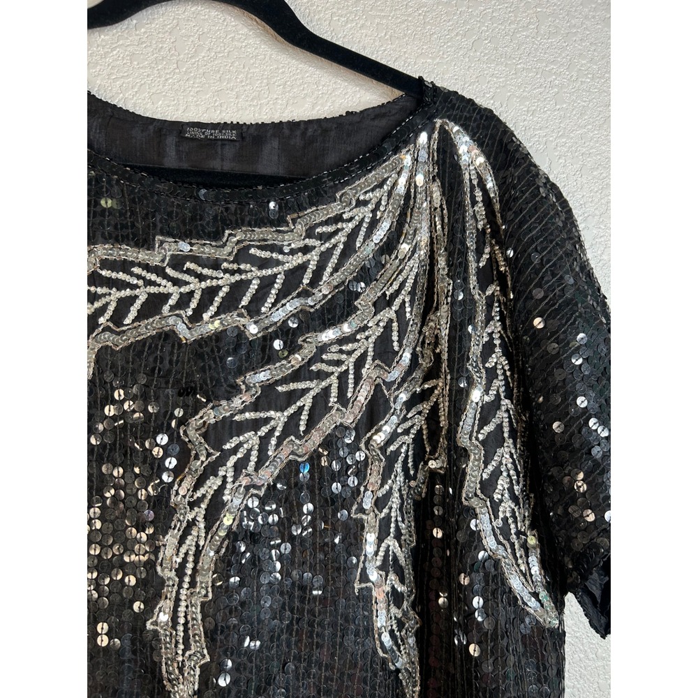 Vintage Women's Black Silver Sequin Silk Beaded Leaf Short Sleeve Top Size Large - Picture 3 of 6